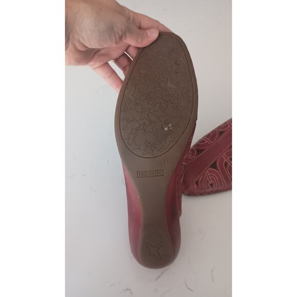 Pikolino's cut leather artistic design Brown kitten wedge low slingback Sz 10 W - Picture 8 of 9